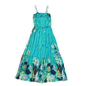 GiGio USA Maxi Dress S Green Floral Tassels Coastal Beachy Cottage Resort Fairy
